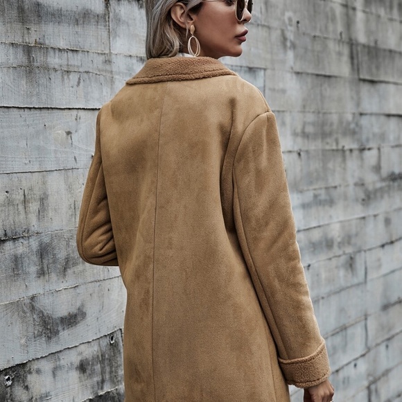 shearling lined vegan suede trench pea coat camel - Picture 6 of 7